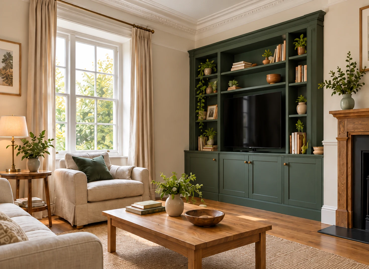 Illustrative living room with forest green fitted shelving, linen seating and an oak coffee table