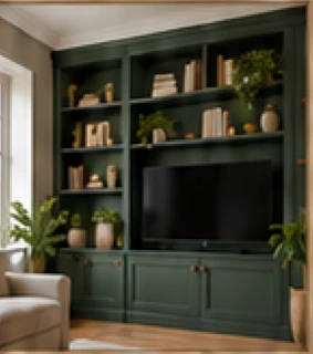 Illustrative forest green shelving and fitted media wall
