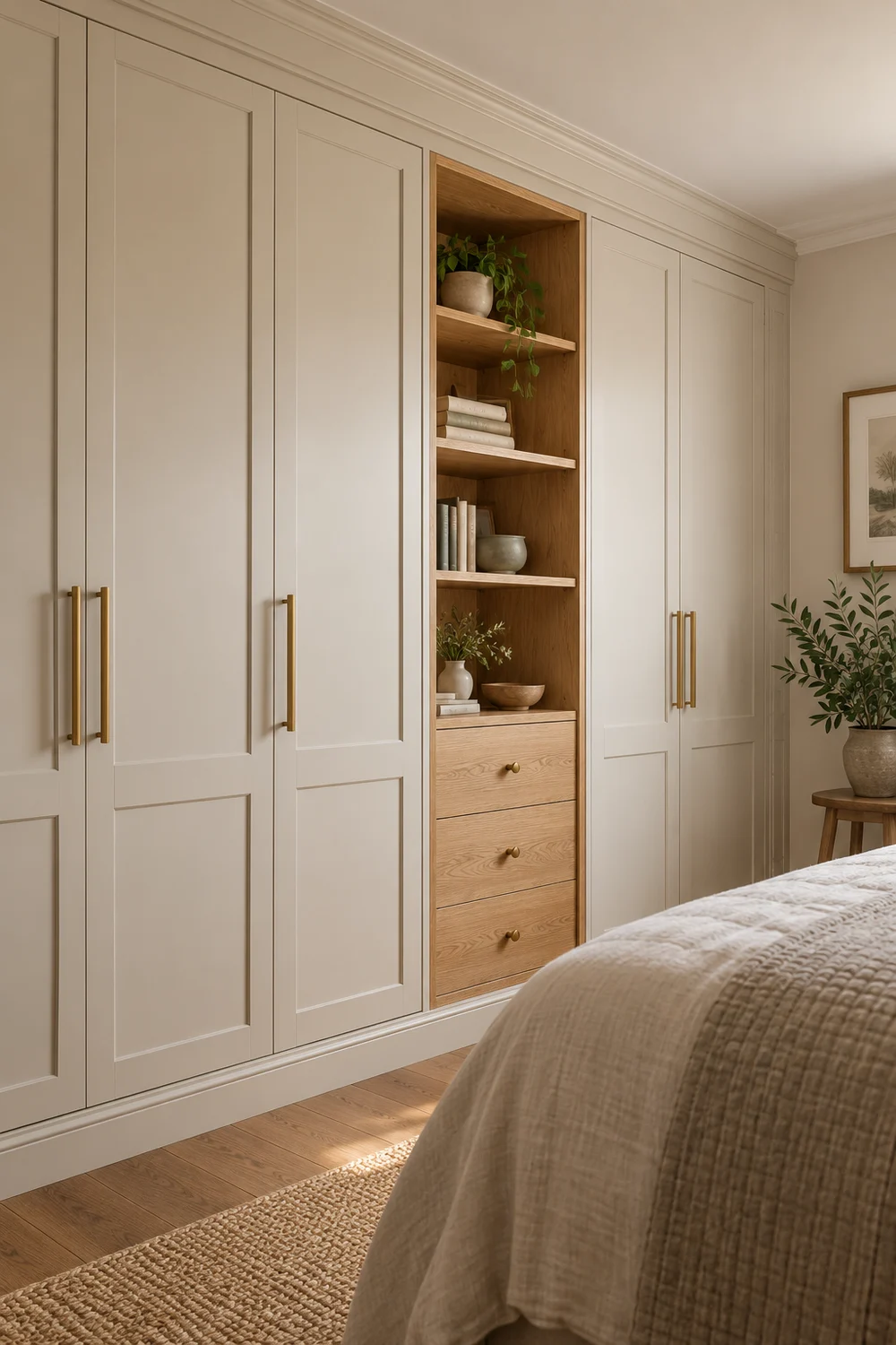 Illustrative fitted wardrobes with panelled doors, oak shelves and drawers