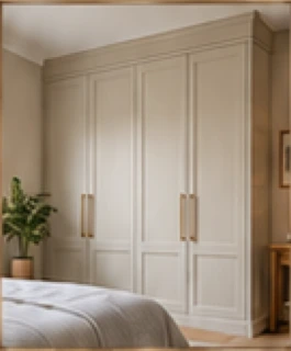 Illustrative bedroom with chalk panelled fitted wardrobes