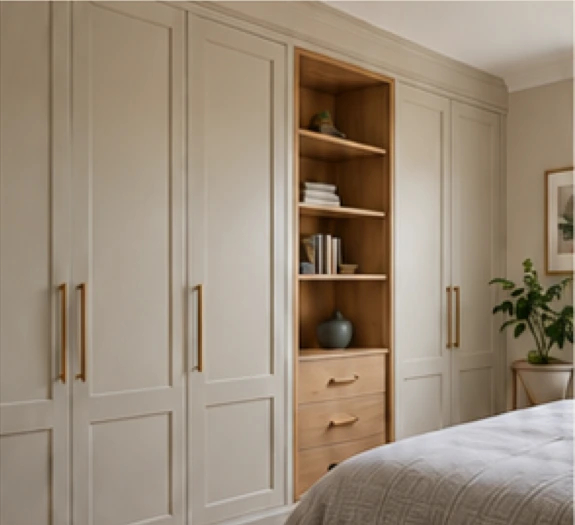 Illustrative chalk fitted wardrobe with an open oak shelving section